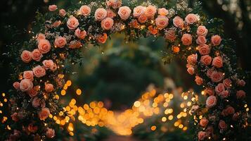 Elegant Floral Wedding Arch Featuring Coral Pink Roses, Baby's Breath and Greenery with Atmospheric Bokeh Light Effect photo