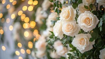 Romantic Close-Up of White Roses with Yellow Centers Surrounded by Green Leaves, Enhanced by a Warm Bokeh Light Effect photo