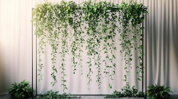 Contemporary Green Wedding Installation with Hanging Vines on Geometric Metal Frame Structure Against Soft White Curtain Background photo