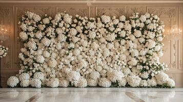 Elegant White Flower Wall Backdrop Featuring Hydrangeas and Garden Roses Against Classic Architectural Moldings in High-End Event Venue with Marble Flooring photo