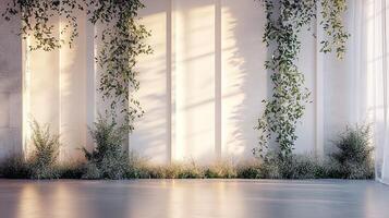 Modern Minimalist Event Backdrop with White Paneled Wall, Cascading Ivy Greenery, Atmospheric Base Lighting and Baby's Breath Floor Installation for Contemporary Wedding and Photography Settings photo