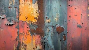 Distressed Industrial Metal Wall Texture with Rusted Patches and Peeling Multicolored Paint photo