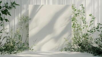 Minimalist Wedding Backdrop with Lush Green Foliage and Soft Natural Light on Elegant White Panel photo