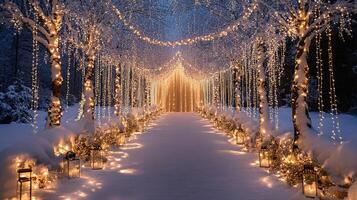Romantic Winter Wedding Aisle Illuminated with Warm Fairy Lights photo
