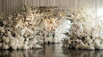 Elegant Luxury Wedding Backdrop with White Hydrangeas, Orchids, and Baby's Breath Flowers Framing Mirrored Panels in a Modern Indoor Venue photo