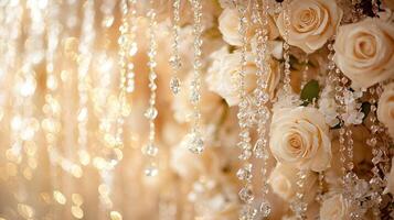 Romantic Close-Up of Wedding Floral Wall with Warm-Toned Roses and Cascading Crystal Beads in Bokeh Light photo