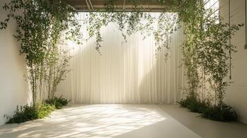 Bright Minimalist Wedding Ceremony Backdrop with Natural Greenery, White Drapes, and Sunlight Shadows photo