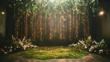 Magical Indoor Wedding Ceremony Backdrop with Cascading Fairy String Lights, Suspended Greenery Canopy, Pink Rose Floral Arrangements and Moss Carpet Floor with Scattered Petals Against Dark Curtain photo