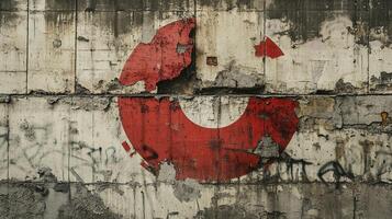 Weathered Red Emblem on Deteriorating Concrete Surface. Abstract Architectural Background with Peeling Paint and Graffiti Marks photo
