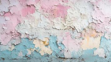Close-Up of Weathered Plaster Wall Featuring Artistic Flaking Paint in Dreamy Pastel Colors photo