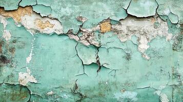 Vintage Mint Green Wall with Peeling Paint and Multiple Layers of Exposed Plaster photo