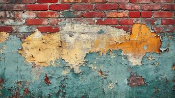 Grunge Brick Wall with Chipped Paint in Bright Contrasting Colors and Rough Surface Details photo