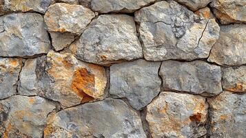 Close-up of Weathered Gray Stone Wall Showing Detailed Rock Texture with Rich Orange Iron Oxide Staining and Natural Fissures photo