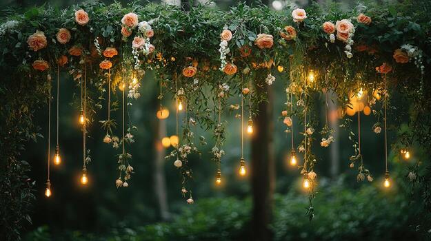 de cerca de brillante cuerda luces y floreciente flores en un lozano cubierto de hiedra ajuste foto