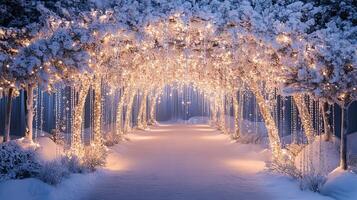 Magical Winter Wonderland Tunnel Decorated with Twinkling Fairy Lights and Snow-Covered Trees for Christmas or Wedding Backdrop photo