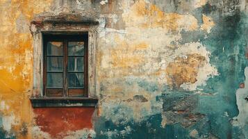 Weathered Colorful Wall with Cracked Plaster, Faded Paint Layers in Yellow, Red, and Teal Tones, and a Vintage Wooden Window photo