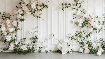 Minimalist Wedding Backdrop with Elegant White Floral Garland and Greenery on Classic White Paneled Wall in Natural Light photo