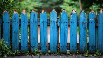 Old Rustic Garden Fence with Chipped Blue Paint and Natural Wooden Texture in Overgrown Countryside Setting photo