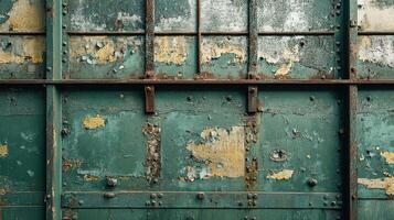 Old Rusted Steel Surface with Flaking Green Paint and Detailed Textures of Industrial Rivets, Decay, and Corrosion photo