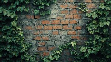 Textured Old Wall with Weathered Brick and Faded Paint Covered by Overgrown Green Ivy photo