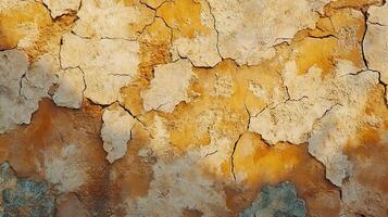 Close-Up of an Aged Mud Wall with Peeling Surface and Warm Sunlit Colors in an Organic Pattern photo