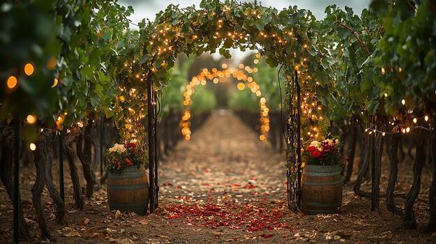 romántico al aire libre ajuste presentando cubierto de parras arcos, calentar cuerda luces, y dispersado flor pétalos en un sereno viñedo foto