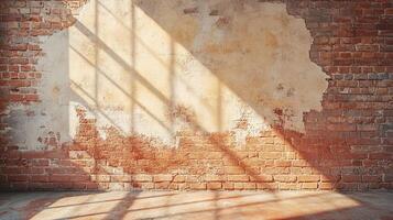 Sunlit Red Brick Wall with Cracked Peeling Plaster and Textured Surface in an Old Industrial Building photo