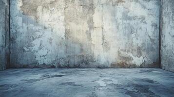 Abandoned Industrial Concrete Room with Weathered Blue-Gray Walls and Textured Floor photo