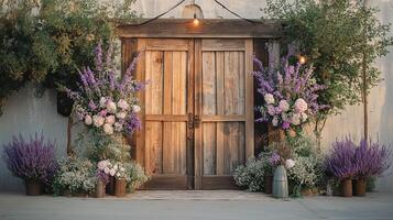 Elegant Farmhouse Event Backdrop Featuring Vintage Wooden Double Doors, Purple Lavender Bouquets, White Blooms and Simple String Light Decoration photo