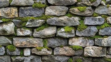 Detailed Close-Up of an Old Stone Wall with Moss Growing Between the Cracks. Natural Rustic Texture for Backgrounds and Design Elements photo