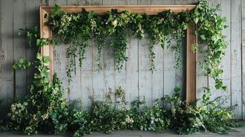 Organic Wedding Photography Background with Vintage Wood Frame, Fresh Green Vines, Small White Blossoms and Natural Botanical Elements Against Whitewashed Wooden Planks in Rustic Setting photo