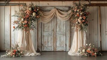 Elegant Rustic Wedding Ceremony Backdrop with Distressed White Double Doors, Luxurious Peach and Cream Floral Installations, and Flowing Champagne Drapery Against Farmhouse Interior Wall photo