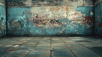 Abandoned Urban Alley with Weathered Concrete Walls and Faded Multicolored Graffiti Art on Distressed Brick Surface photo