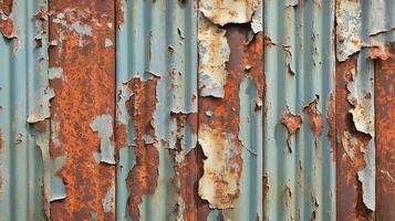 Close-Up of Weathered Corrugated Metal Wall with Heavy Rust and Flaking Paint in Blue and Orange Tones photo