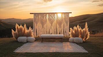 Rustic Outdoor Wedding Decor Featuring Handmade Macrame Tapestry, Pampas Grass Arrangements, and Cozy Seating with Mountain View at Golden Hour photo