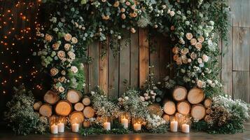 Enchanting Rustic Wedding Photography Backdrop with Peach Roses, Eucalyptus, Wood Log Details and Glowing Candles Against Reclaimed Wooden Wall with Warm String Lights photo