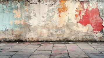Cracked and Worn Cement Wall with Faded Paint Layers in Red, Blue, and Beige Tones with Urban Decay Feel photo