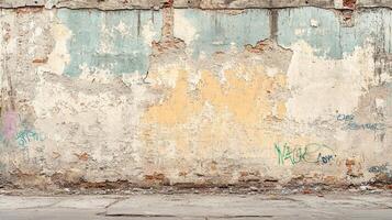 Weathered Urban Wall with Peeling Paint Layers and Graffiti photo