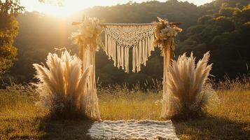 Dreamy Outdoor Wedding Altar Installation with Natural Wooden Arch, Intricate Macrame Tapestry, and Luxurious Pampas Grass Against Mountainous Landscape at Dusk photo