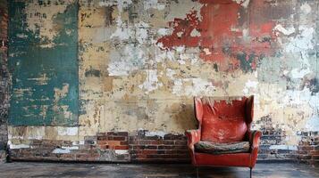 Vintage Red Leather Armchair Against Multicolored Peeling Wall with Exposed Brick in Abandoned Industrial Space photo