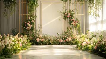 Romantic Indoor Wedding Backdrop with Gold Geometric Frame, Pastel Roses, and Lush Greenery Under Soft Natural Lighting photo