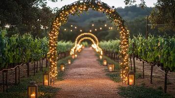 Picturesque Vineyard Pathway Illuminated by String Lights and Lanterns, Surrounded by Lush Greenery During Twilight photo