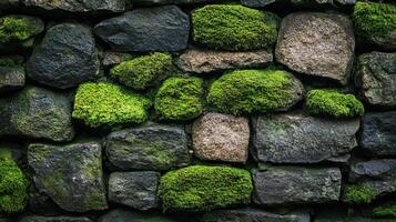 Close-Up of Ancient Moss-Covered Rock Wall Featuring Rich Organic Patterns and Earthy Tones photo