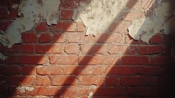Vintage Exposed Brick Wall with Faded White Plaster and Diagonal Window Shadows in Warm Afternoon Light photo