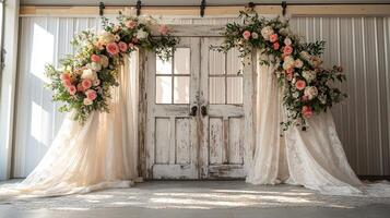 Rustic Chic Wedding Altar Design with Weathered Antique Double Doors, Lush Coral Rose and White Floral Installations photo