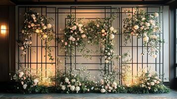 Modern Wedding Backdrop with Geometric Black Metal Frame and Lush Romantic Floral Arrangements photo