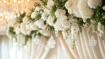 Luxury Indoor Wedding Floral Arrangement Featuring White Blooms, Greenery, and Crystal Ornaments Against Draped Fabric photo