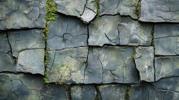 Weathered Stone Wall with Deep Cracks and Growing Moss in Natural Patterned Texture for Background, Design, or Architectural Detail photo