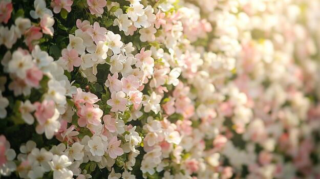 de cerca de un denso flor racimo en amable sombras de blanco y rosa, conjunto en contra verde hojas foto