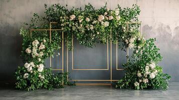 Romantic Wedding Backdrop with Gold Geometric Frames and Abundant White and Blush Floral Arrangements photo